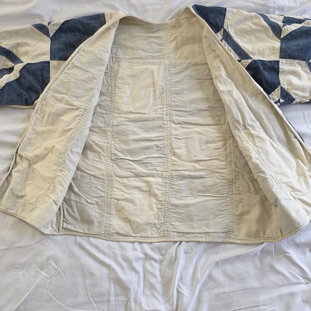 Quilted Patchwork Bomber Jacket in Blue & Cream - Picture 5 of 9